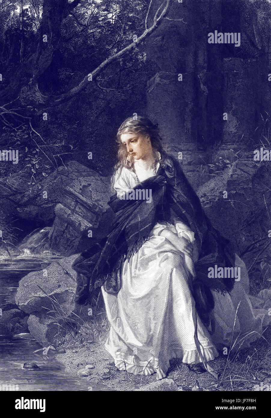 The Bride of Lammermoor by Sir Walter Scott. Lucy Ashton at the fountain - Chapter XII . Engraving by Robert Anderson based on a painting by Robert Herdman. The novel was published in 1819 and was used as the basis for Donizetti's opera Lucia di Lammermoor. Tinted version. Stock Photo