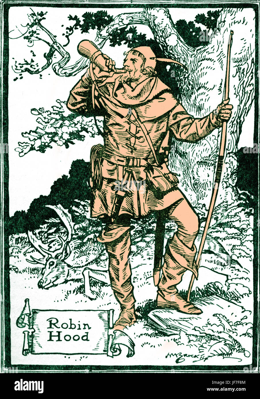 Robin Hood and the men of the Greenwood. Robin Hood blowing his horn. Illustrated by H. M. Brock. C.1912. Tinted version. Stock Photo