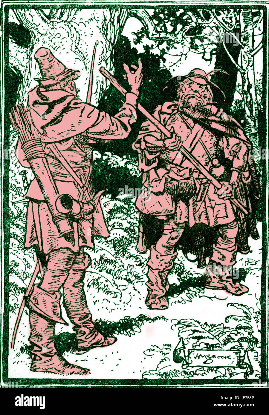 Robin Hood and the men of the Greenwood. Caption reads:'What want you with me, woodman?' Illustrated by H. M. Brock. C.1912. Tinted version. Stock Photo