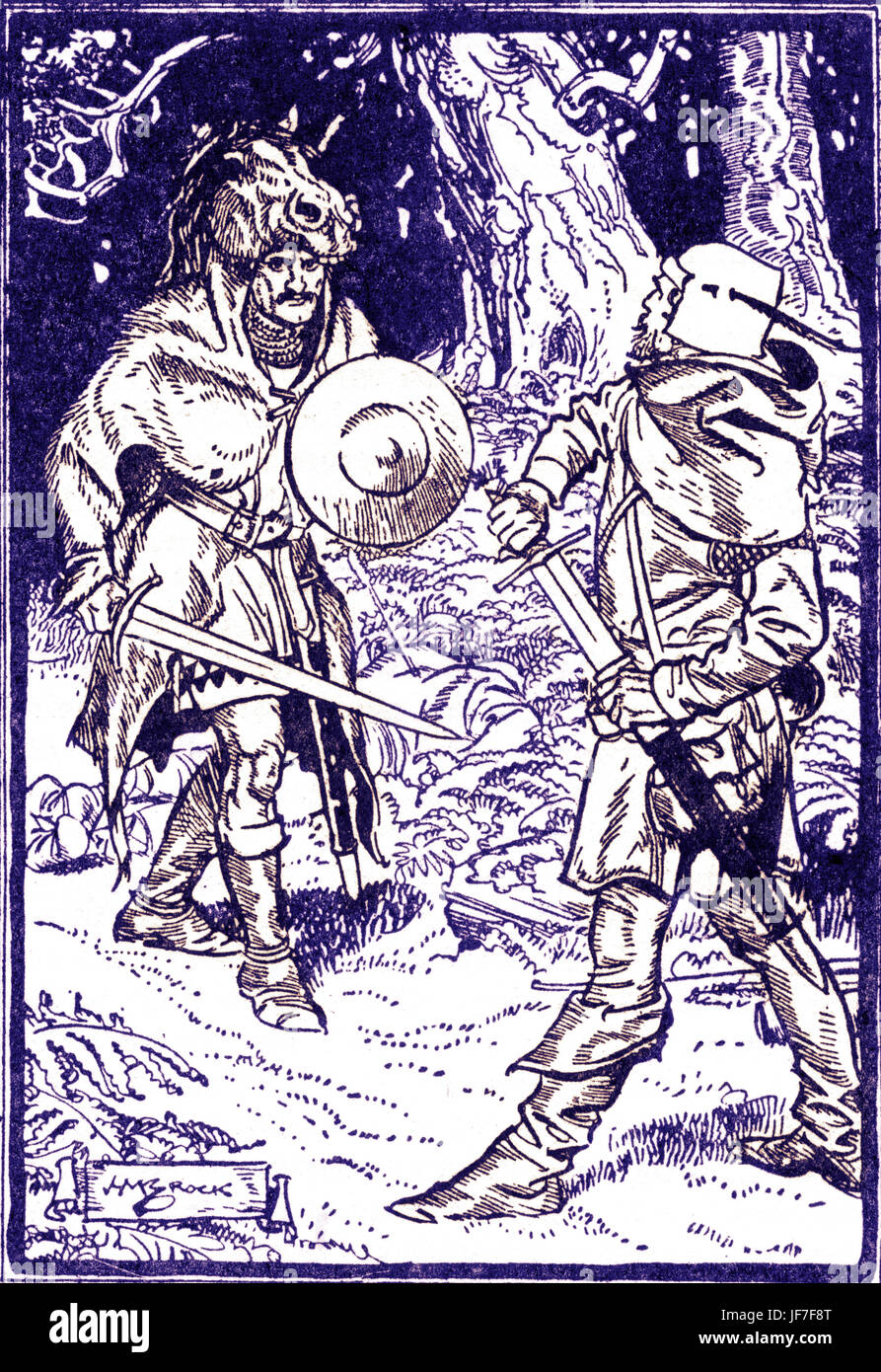 Robin Hood and the men of the Greenwood. Caption reads: 'Robin meets Guy of Gisborne'. Illustrated by H. M. Brock. C.1912. Tinted version. Stock Photo