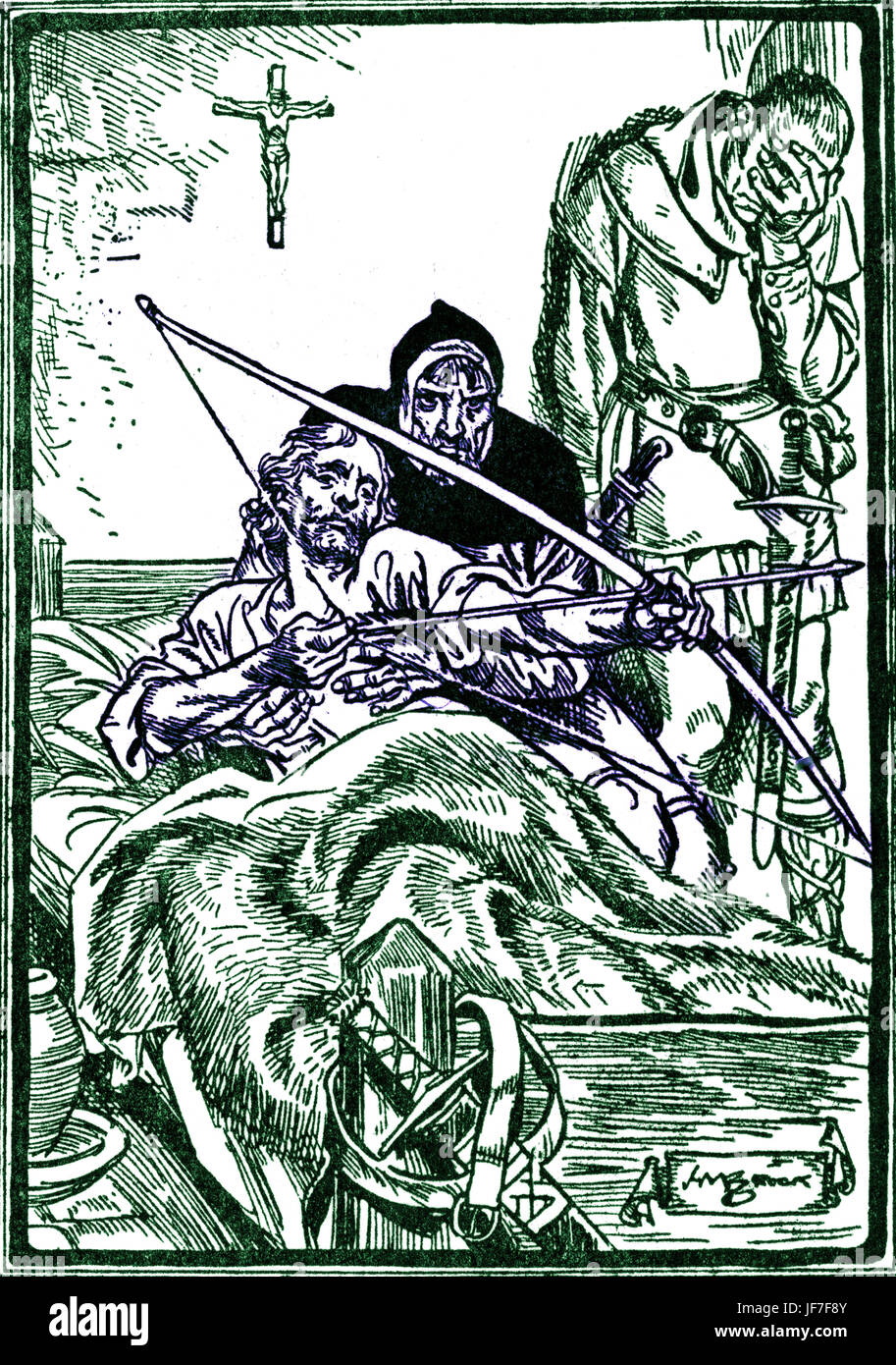 Robin Hood and the men of the Greenwood. Caption reads: 'Robin shoots his last shaft'. Illustrated by H. M. Brock. C.1912. Tinted version. Stock Photo