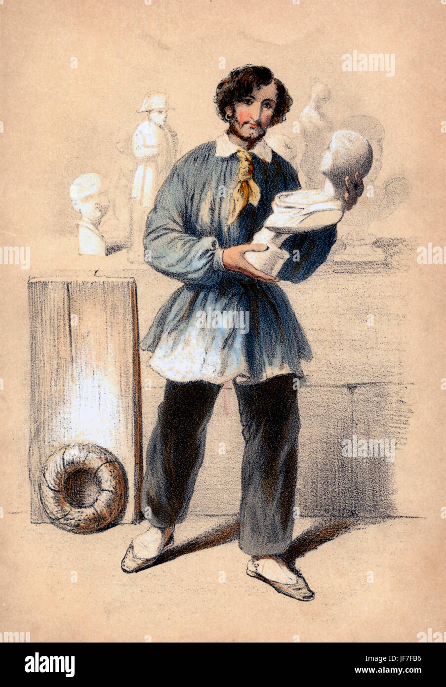 Italien M de Figures: 19th century sculptor specialising in Italian marble figures. From series 'Paris au XIX. Siècle', (hand- coloured lithograph Parisian costume plates, heightened with gum arabic) c.1855-56. Stock Photo