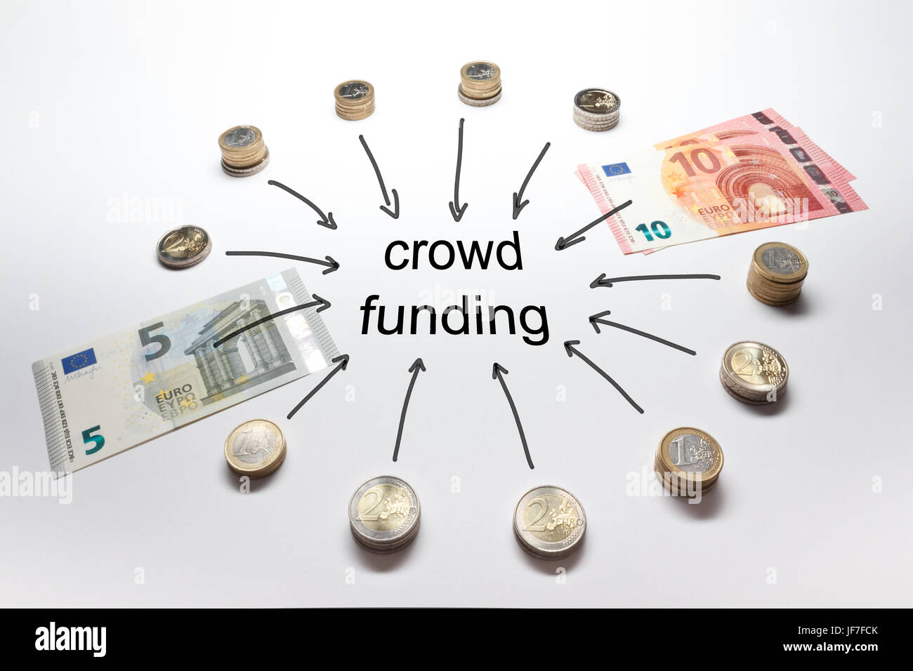 Crowd funding with the european currency Euro in coins and banknotes Stock Photo