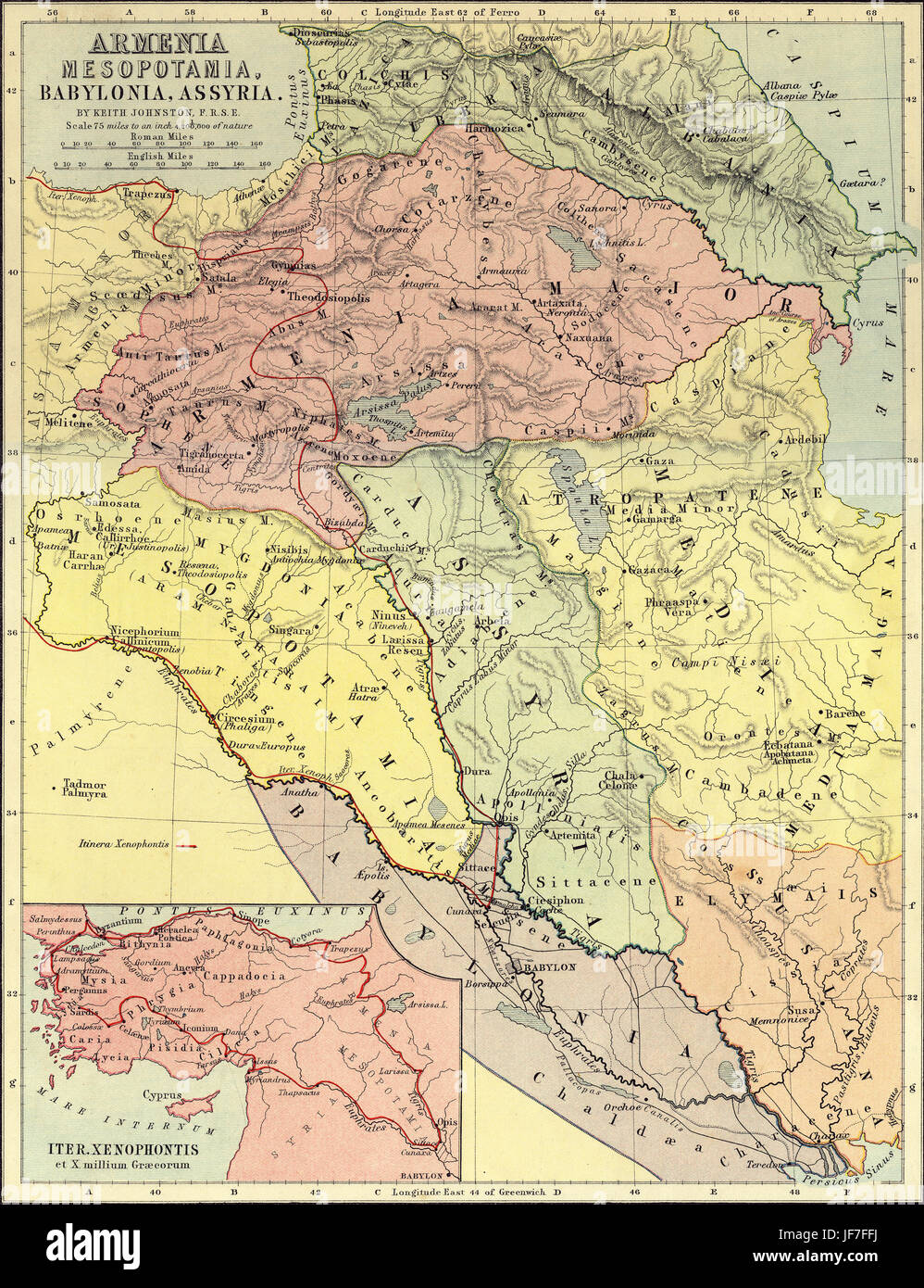 Map of Armenia, Mesopotamia, Babylonia and Assyria, showing the route of Xenophon and the Ten Thousand ( 5th century BC ).  Drawn by Keith Johnston F.R.S.E. Published in The Unrivalled Classical Atlas by W. and A.K. Johnston in 1877. Stock Photo