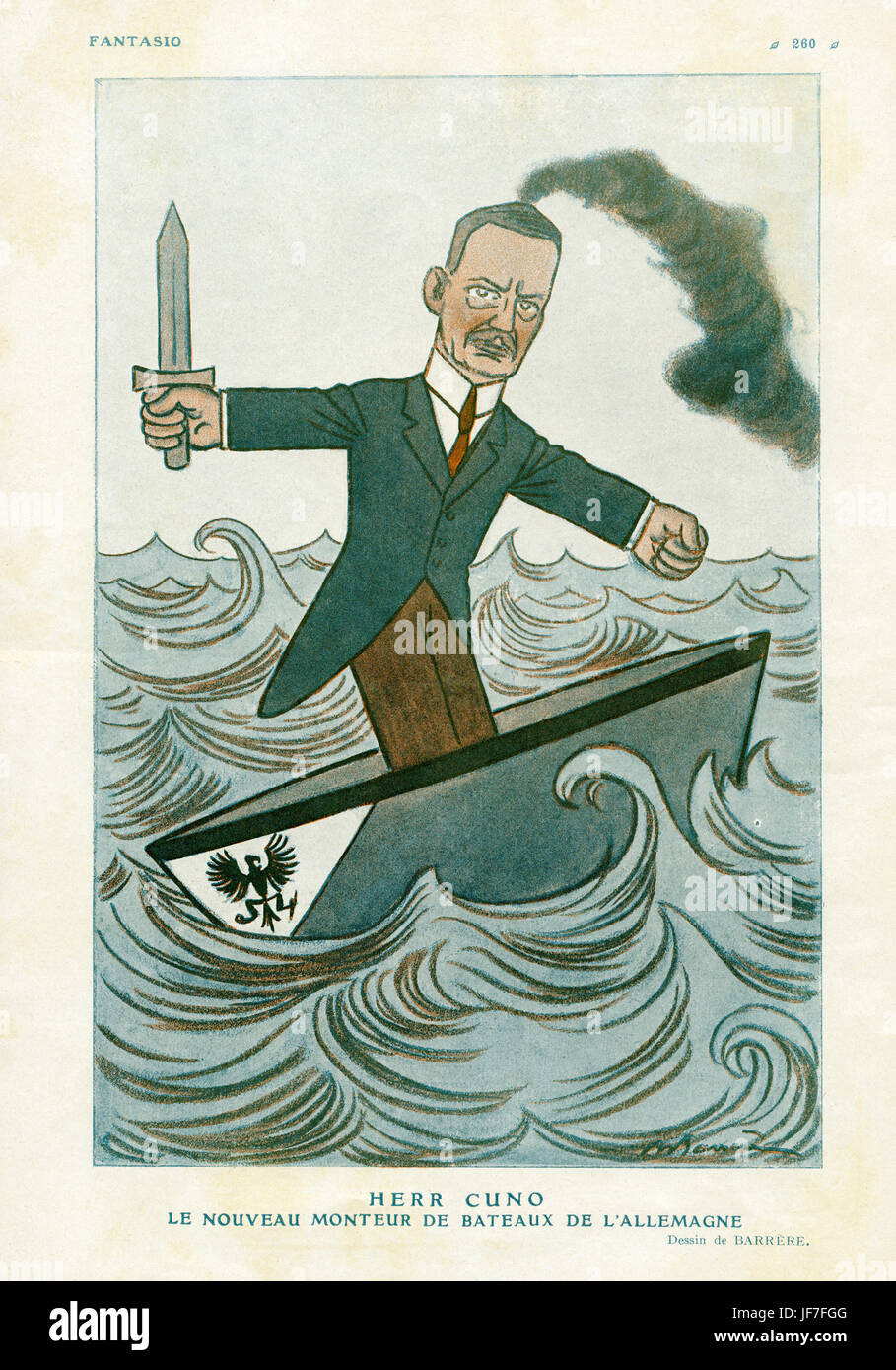Wilhelm Cuno, Chancellor of Germany 1922 - 1923. Caricature. Caption reads: 'M. Cuno. Le nouveau monteur de bateau de l'Allemagne' 'Mr. Cuno. The new boat builder of Germany' Artist: Adrien Barrere 1877 -1931 Stock Photo