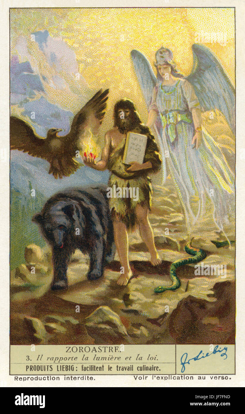 Life of Zarathustra / Zoroaster. Carrying the light and the law. Liebig collectors' card 1936 Stock Photo