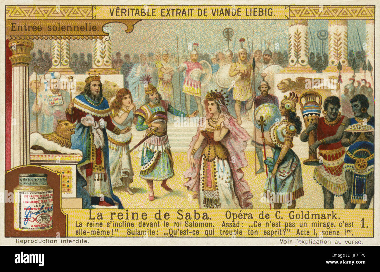 Die Königin von Saba / The Queen of Sheba, opera by Karl Goldmark (May 18, 1830 – January 2, 1915), Hungarian composer. Act 1 scene 1, the Queen bows before King Solomon. Liebig collectors' card 1914 Stock Photo