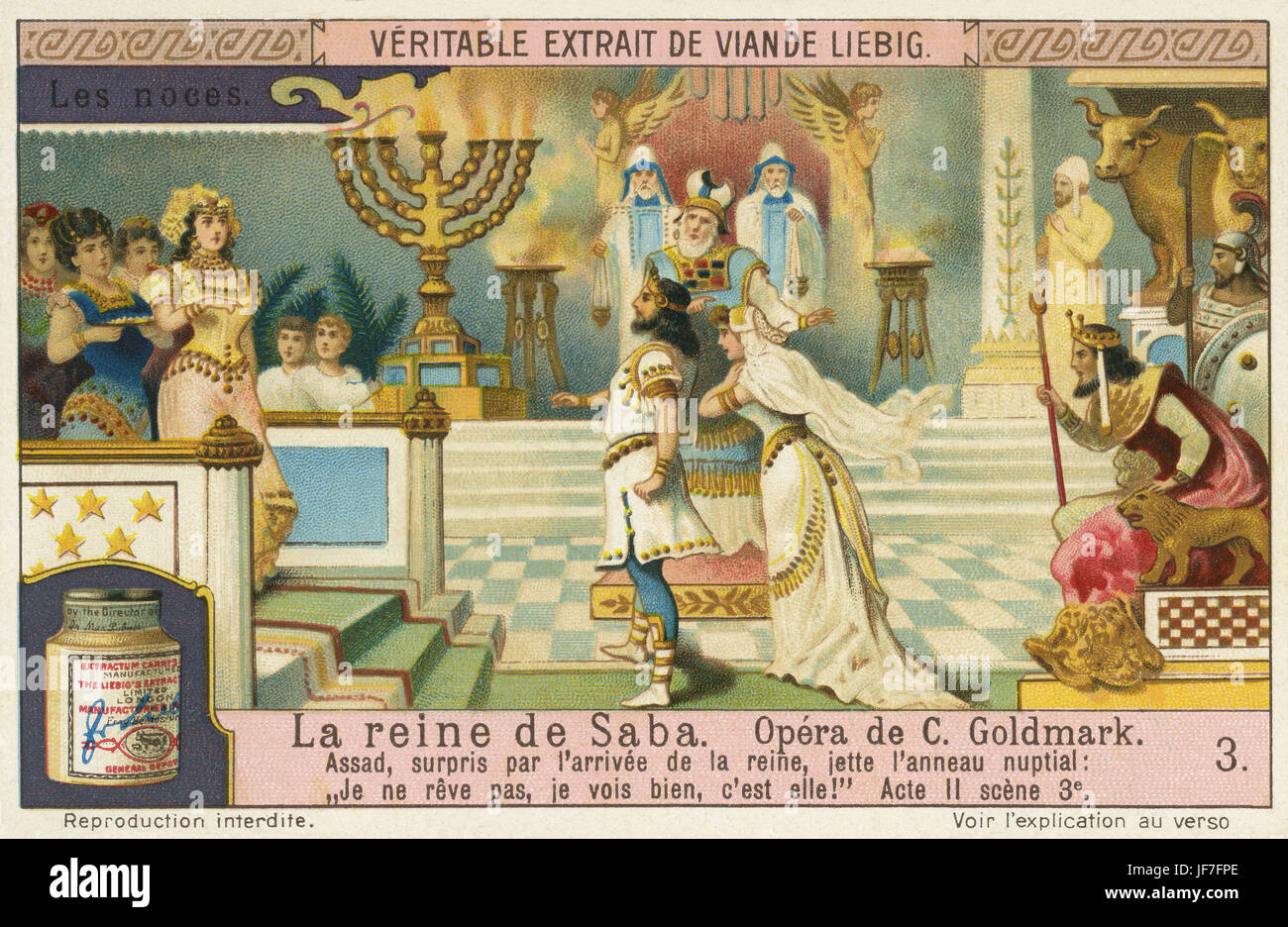 Die Königin von Saba / The Queen of Sheba, opera by Karl Goldmark (May 18, 1830 – January 2, 1915), Hungarian composer. Act 2 scene 3. The Queen of Sheba appears at the wedding of Assad and Sulamith. Liebig collectors' card 1914 Stock Photo