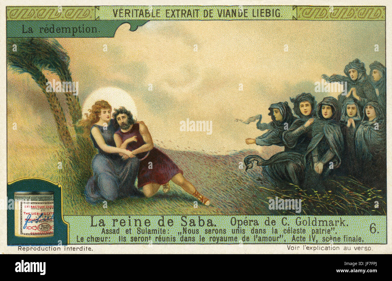 Die Königin von Saba / The Queen of Sheba, opera by Karl Goldmark (May 18, 1830 – January 2, 1915), Hungarian composer. Act 4, finale. Sulamith grants Assad her forgiveness before he dies. Liebig collectors' card 1914 Stock Photo