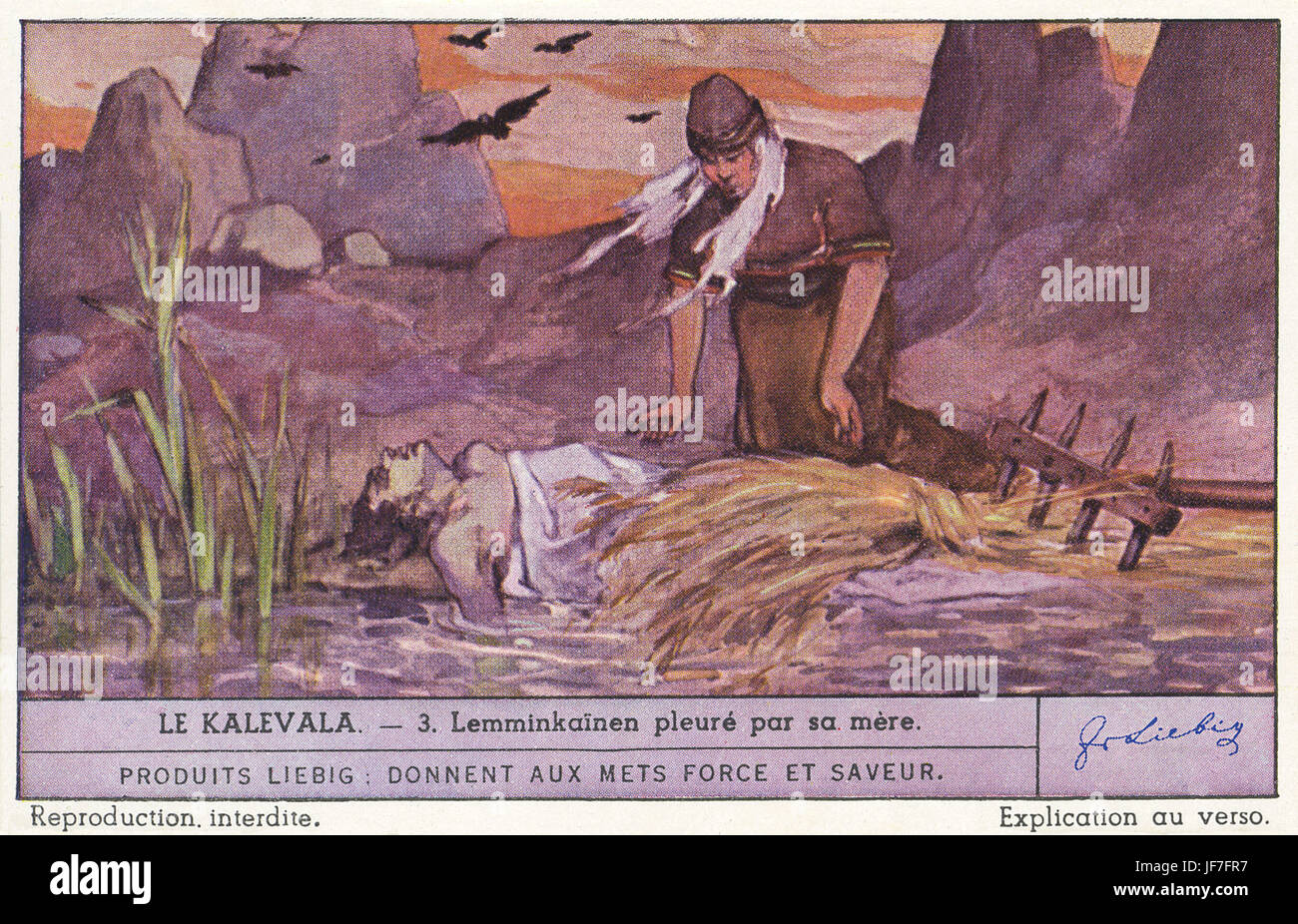 Kalevala, Finnish national epic, traditional songs collected by Elias Lonnrot. Lemminkainen is mourned by his mother, having gathered the pieces of his body from the river of Tuonela with a copper rake. Liebig collectors' card 1947 Stock Photo