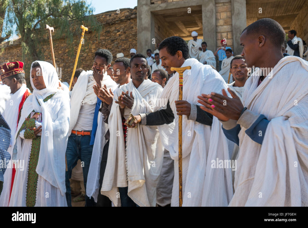 Yeha, Ethiopia, Local faithfuls and priests celebrates the Timkat (Epiphany) fest in the Temple of the Moon Stock Photo