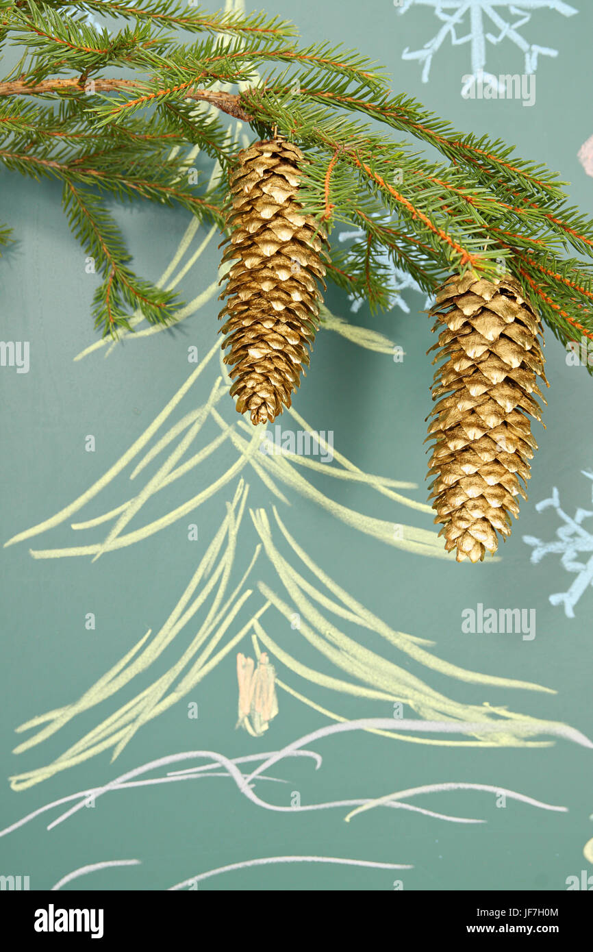 Christmas decoration from twig of spruce with unusual golden cones on background of blackboard with children's drawing Stock Photo