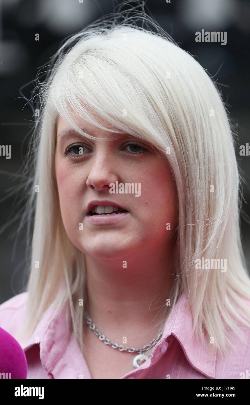 Pro-choice campaigner Sarah Ewart, who had to travel to England for an abortion due to fatal foetal abnormality, speaks to the media outside the Royal Courts of Justice, Belfast, where the Court of Appeal allowed an appeal against a lower court's ruling that abortion legislation was incompatible with the UK's Human Rights Act. Stock Photo