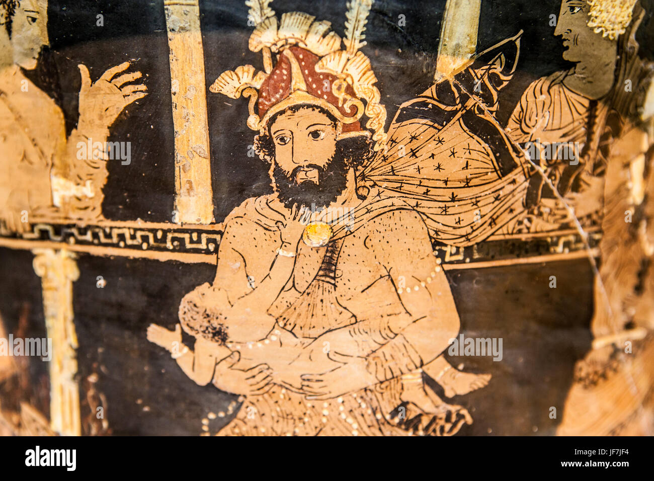 Madrid, Spain - February 24, 2017: Greek attic krater depicting Heracles insanity on theater at National Archeological  Museum of Madrid Stock Photo