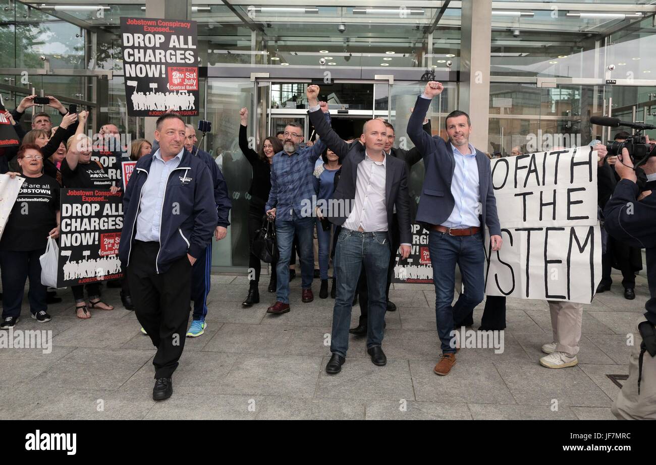 (Left to right) Michael Banks, Ken Purcell, Paul Murphy TD, and Ciaran Mahon, who along with Scott Masterson Cllr, Michael Murphy and Cllr. Frank Donaghy, were found by a jury at Dublin's Circuit Criminal Court not guilty of restricting the personal liberty of ex-Tanaiste Joan Burton and her then assistant Karen O'Connell on November 15 2014, at Fortunestown Road in Jobstown, Dublin. Stock Photo