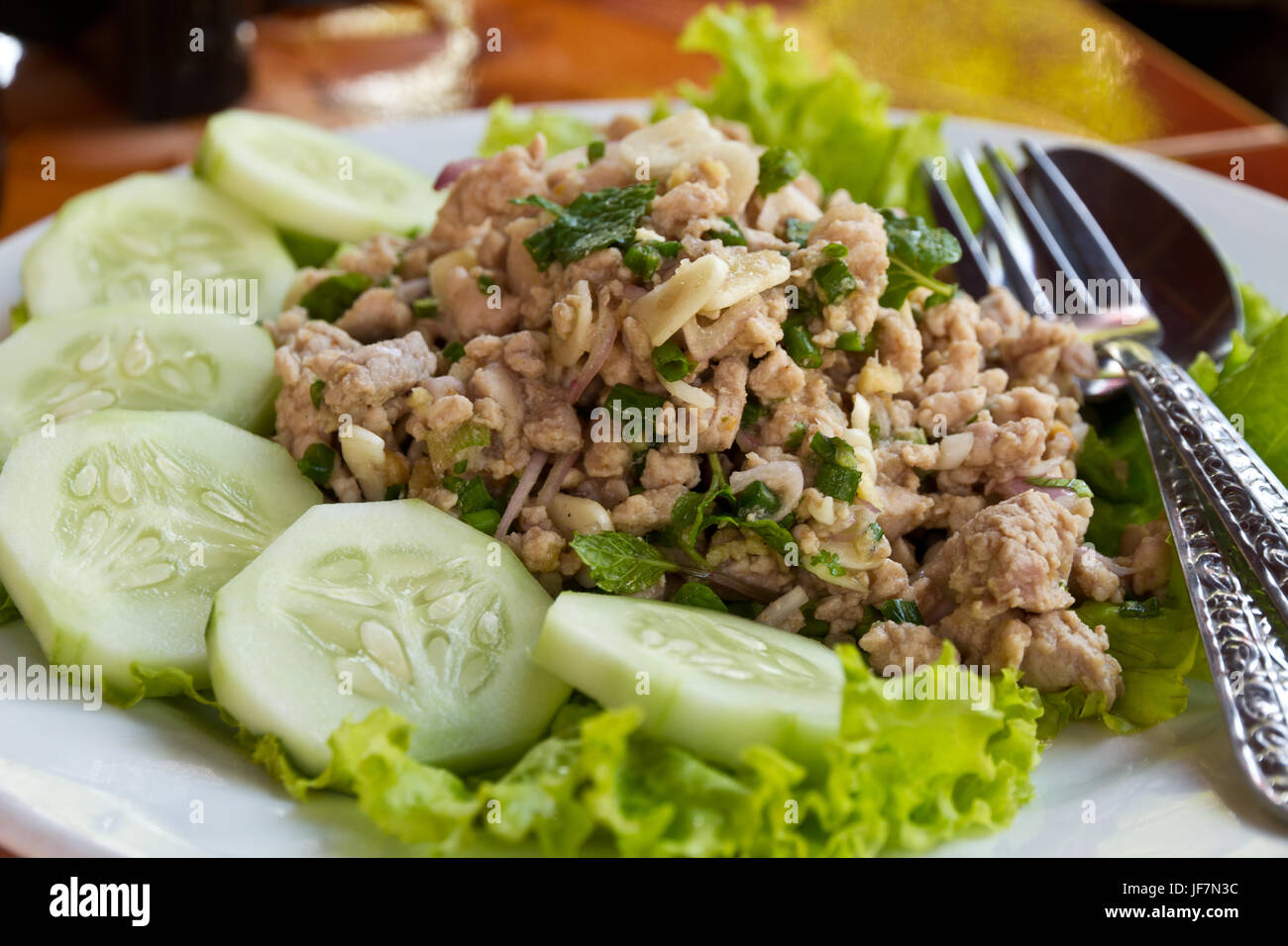Laab, Lab Boiled Pork Salad, typical food in Laos Stock Photo