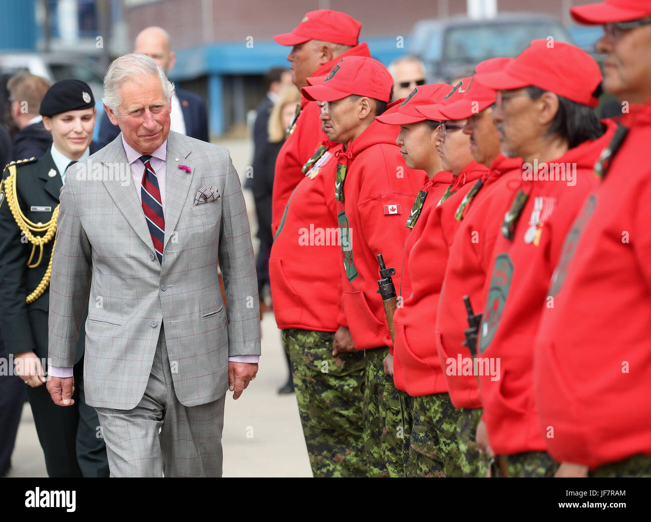 The Prince of Wales reviews Canadian Rangers during an official welcome  ceremony at Nunavut Legislative Assembly in Iqaluit, the capital city of  the Canadian territory of Nunavut, at the start of their