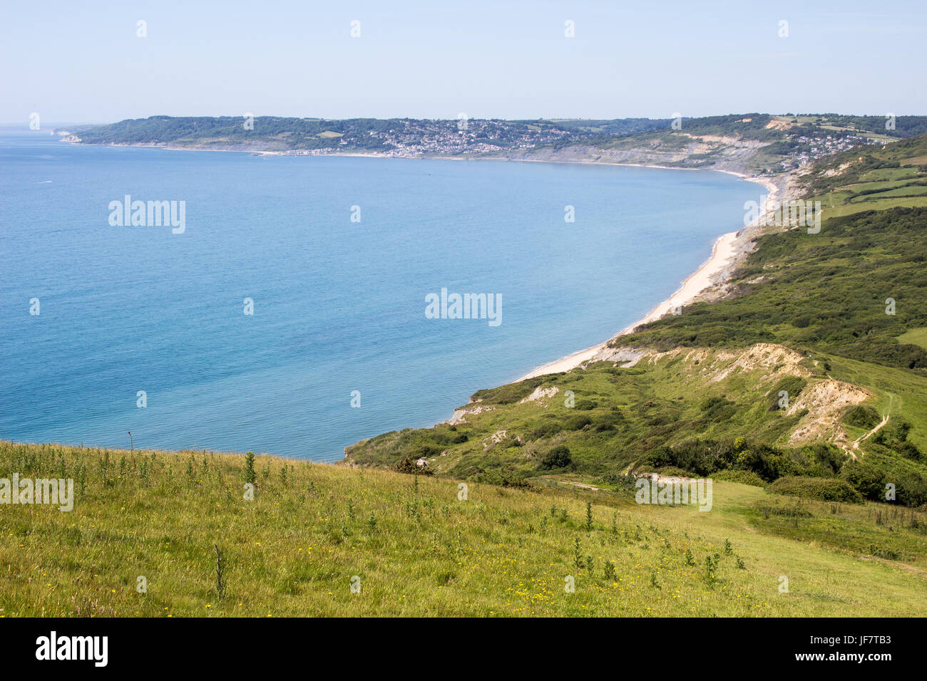 View across Lyme Bay from the top of Golden Cap, towards Charmouth and