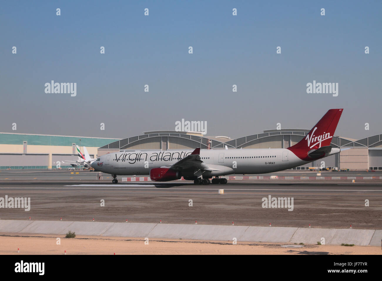Dubai, UAE - Plane of Virgin atlantic company (G-VRAY, Airbus A330-300) at airport. Stock Photo