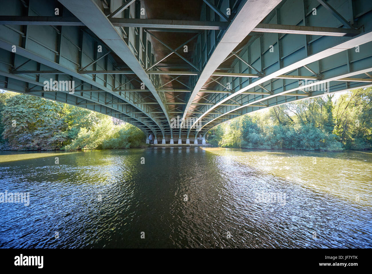 The underside of the M4 road bridge near Bray as it crosses the Thames Stock Photo