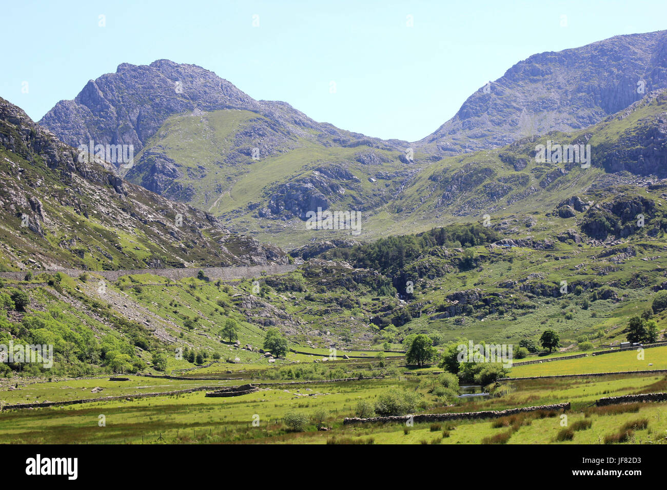 Nant Francon Valley With Tryfan and Glyder Fawr as Backdrop Stock Photo