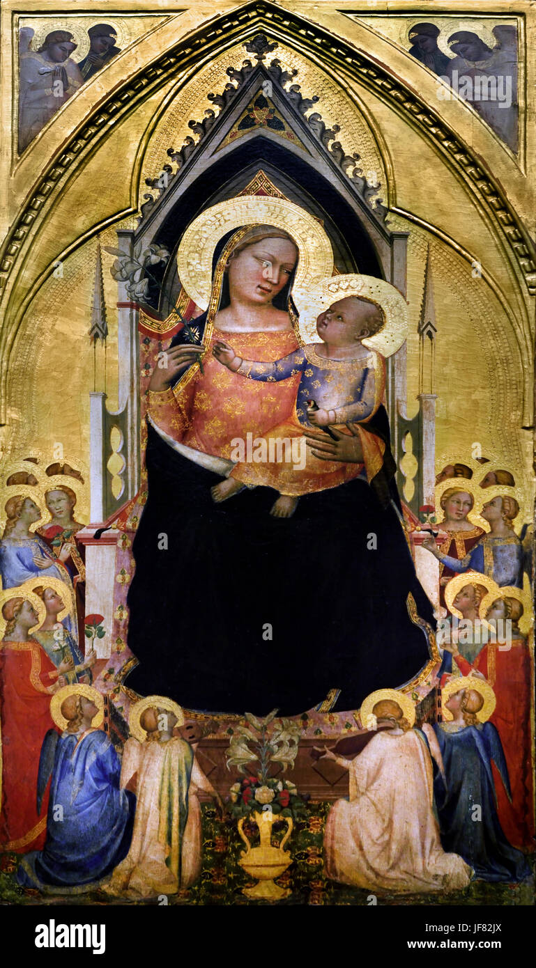 Madonna and Child  with angels ,St Nerues, St John the baptst, St John the Evangelist, St, Achilleus, St, Reparata, by Bernardo Daddi 1280 – 1348 early Italian Renaissance painter and the leading painter of Florence Italy ( Stories from the life of the Virgin ) detail Stock Photo
