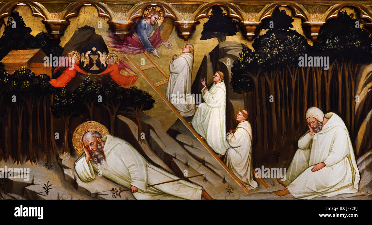St Romuald Receives the Rule of St Benedict, The Dream of St Romuald c 1400 Pittore Pisano Italy Stock Photo