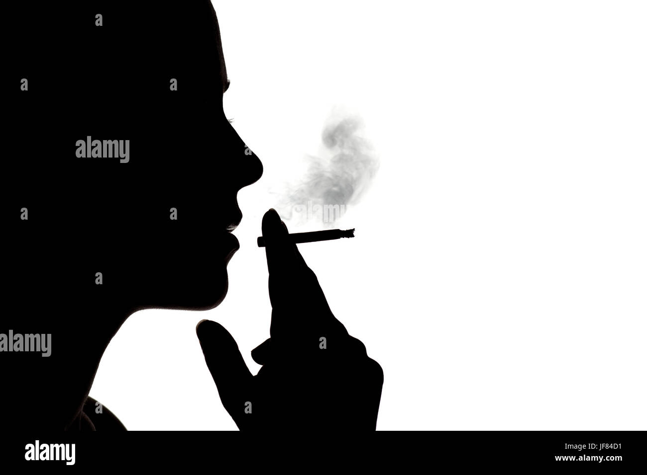 Profile Silhouette of a Woman Smoking on White Background Stock Photo