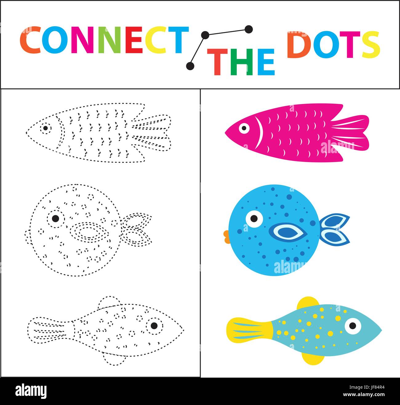 Children's educational game for motor skills. Connect the dots picture. For children of preschool age. Circle on the dotted line and paint. Coloring page. Vector illustration. Stock Vector