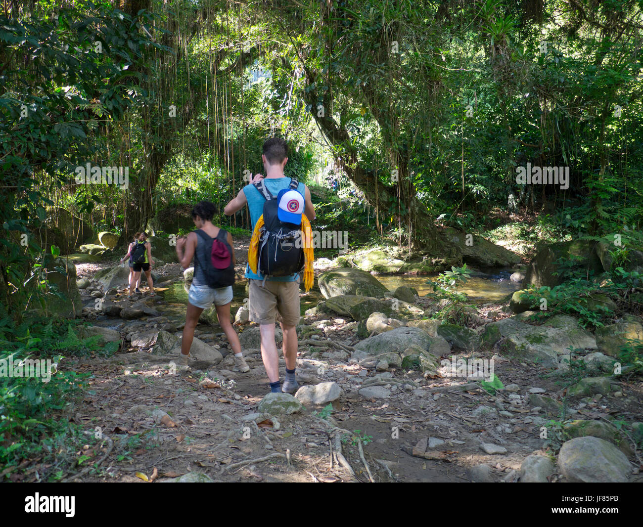The trek to the Lost City, Sierra Nevada, Colombia, trekkers in rain forest Stock Photo