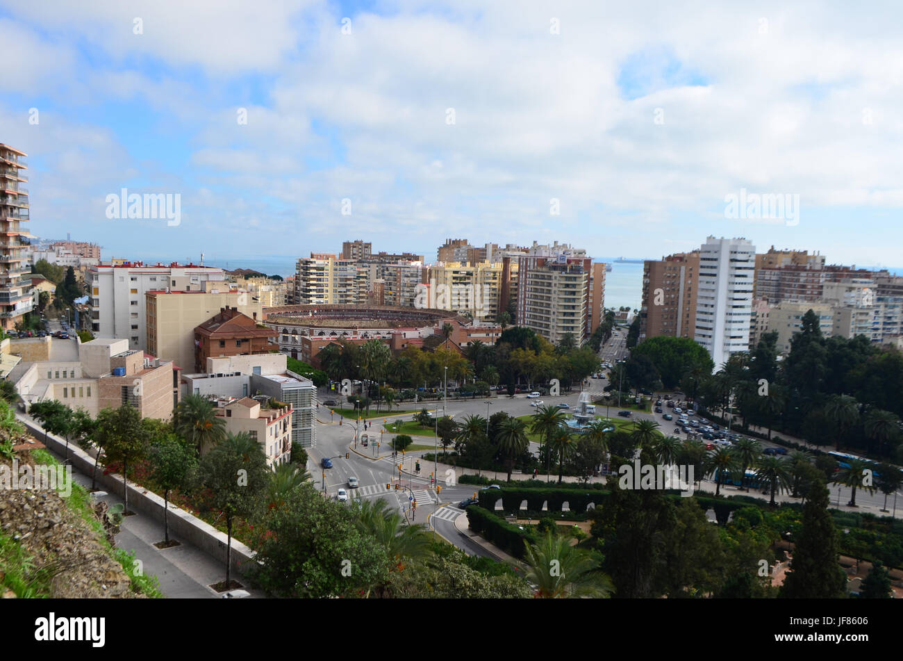 Plaza de Toros de La Malagueta and City Landscape View from Mount Gibralfaro in Málaga, Spain Stock Photo