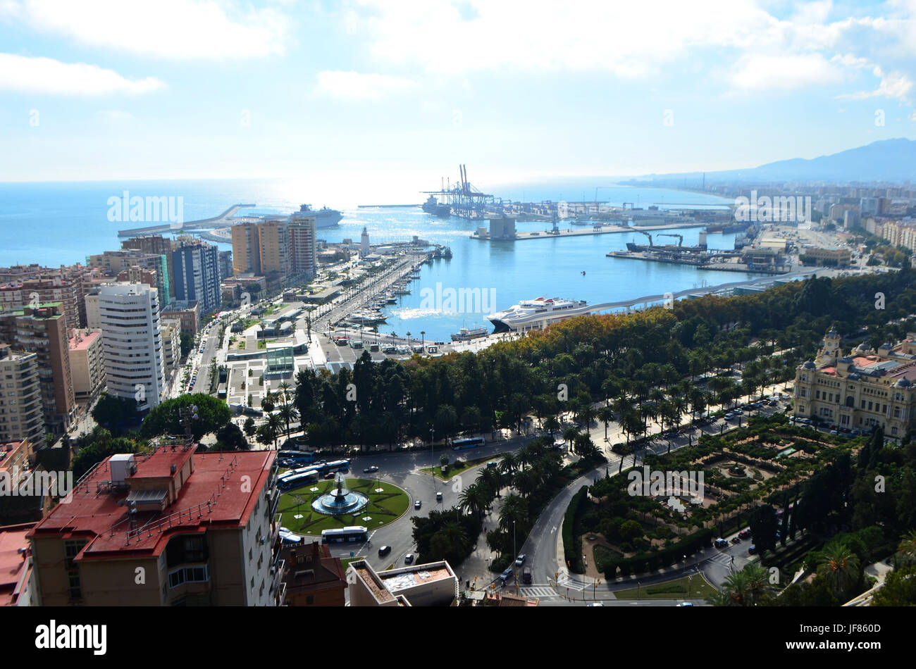 Port of Málaga Landscape View from Mount Gibralfaro in Málaga, Spain Stock Photo