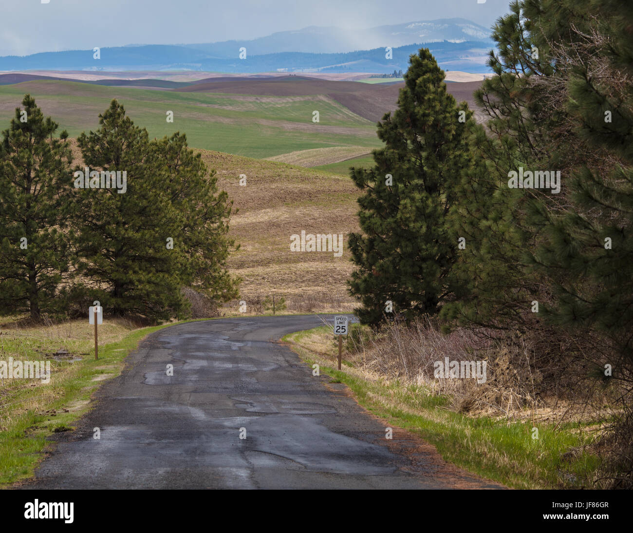Road coming down from Steptoe Butte in Eastern Washington. Stock Photo