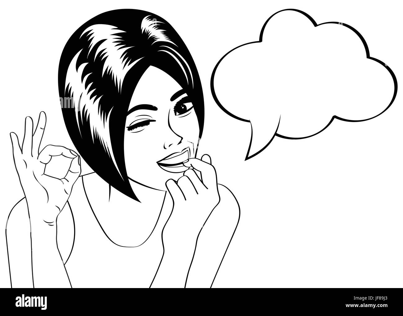 pop art cute retro woman in comics style in black and white Stock ...