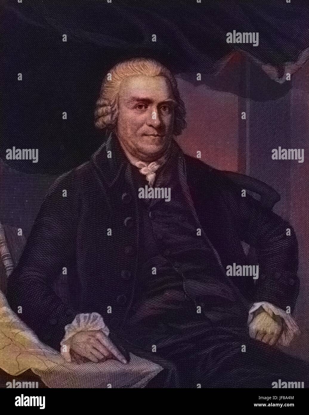 Portrait of Samuel Adams, political philosopher and founding father of the United States, by Henry Bryan Hall, 1770. From the New York Public Library. Note: Image has been digitally colorized using a modern process. Colors may not be period-accurate. Stock Photo