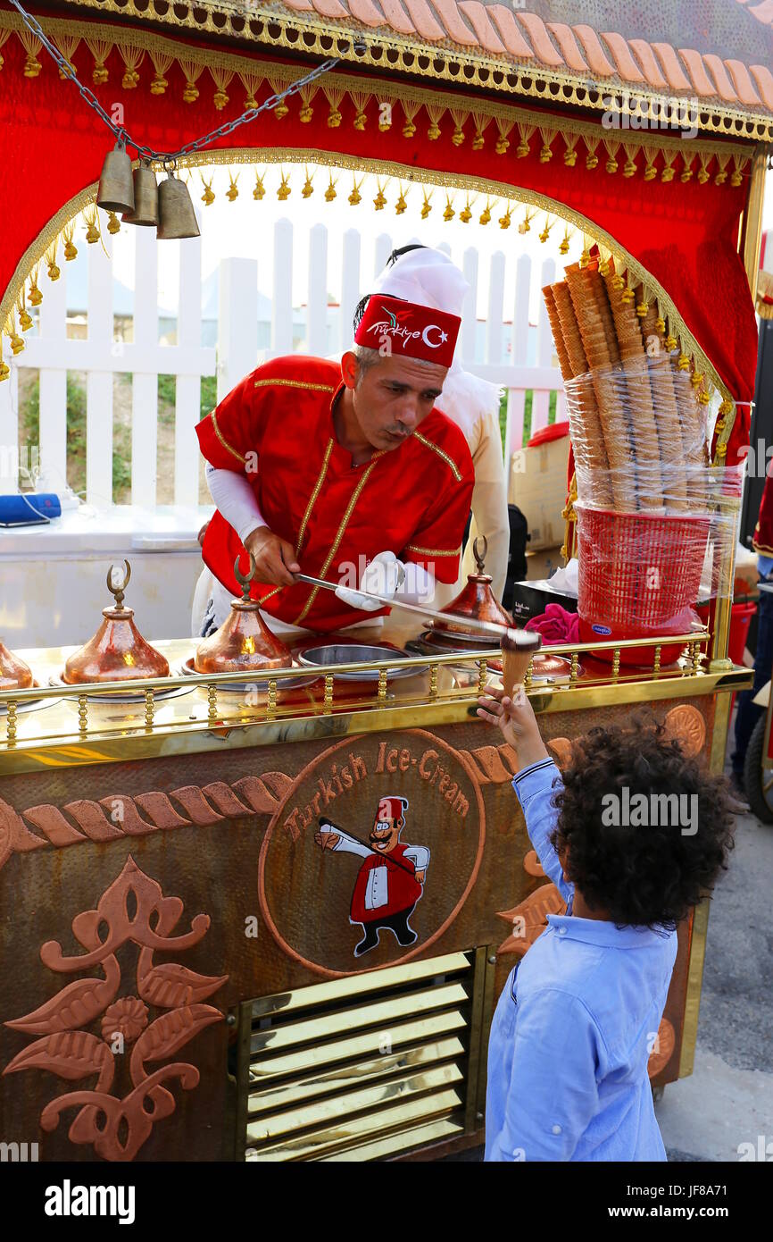 DOHA, QATAR APRIL 8, 2017 A Turkish traditional icecream vendor