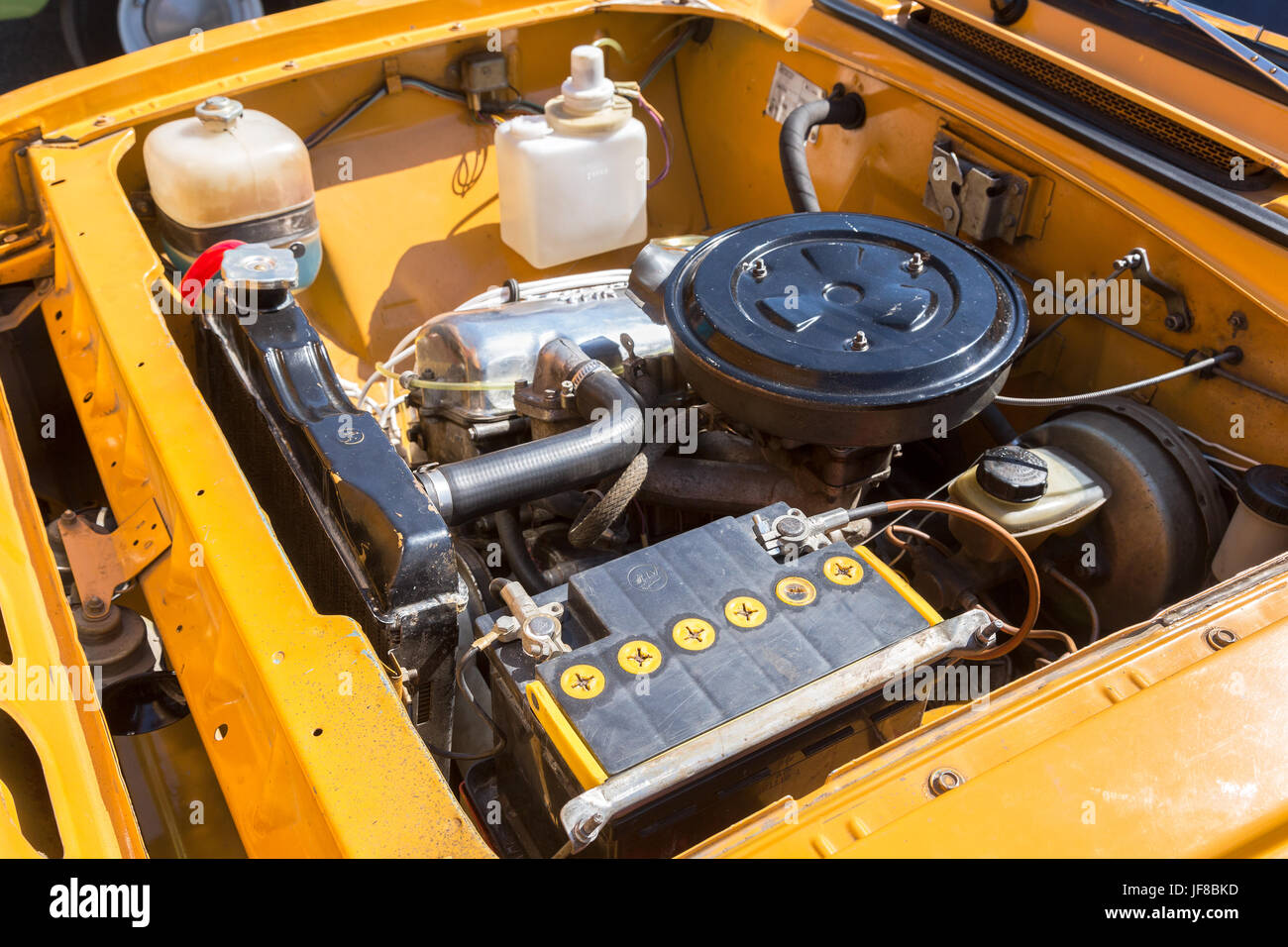 Samara, Russia - May 1, 2017: Car engine of old soviet vehicle Moskvich-412, under the hood of a retro russian car Stock Photo