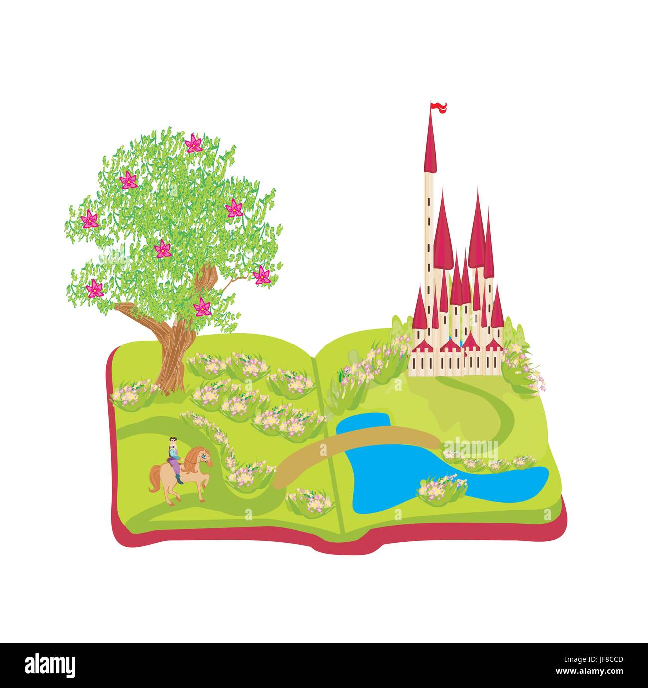 tower, beautiful, beauteously, nice, tree, hill, horse, animal, romantic, Stock Vector