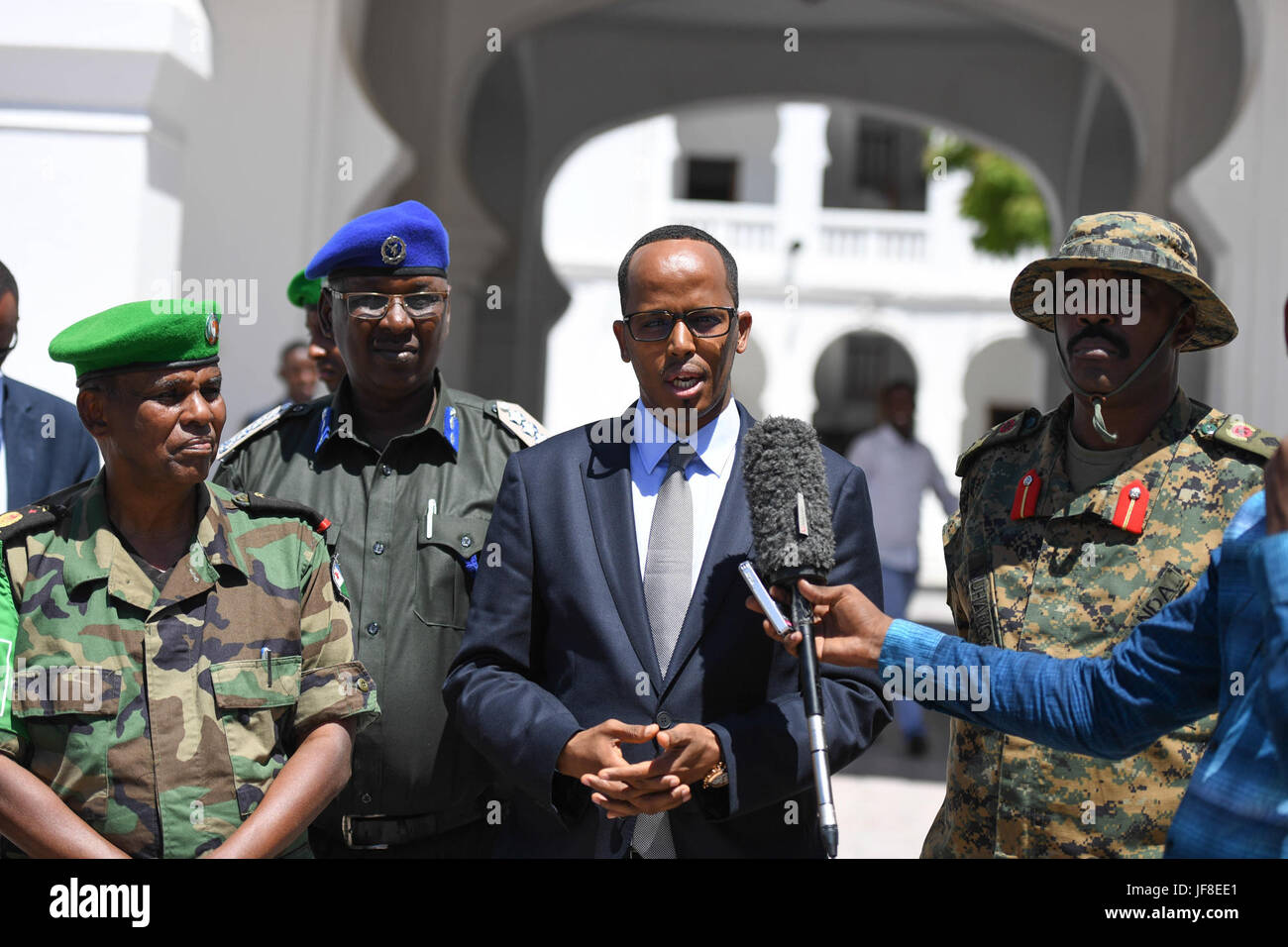 Thabit Abdi Mohamed, the Mayor of Mogadishu who is also the Governor of the Benadir Regional Administration addresses the media at the end of a meeting with officers from the African Union Mission in Somalia (AMISOM) at the Mogadishu City Headquarters, Somalia on May 13, 2017. AMISOM Photo / Omar Abdisalan Stock Photo