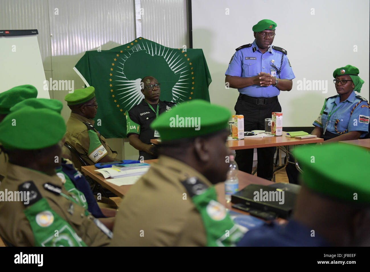 AMISOM Police Chief of Staff, Rex Dundun, gives a speech during the closure of the eight-day Individual Police Officers induction training in Mogadishu, Somalia on 18th May 2017. AMISOM Photo/Atulinda Allan Stock Photo