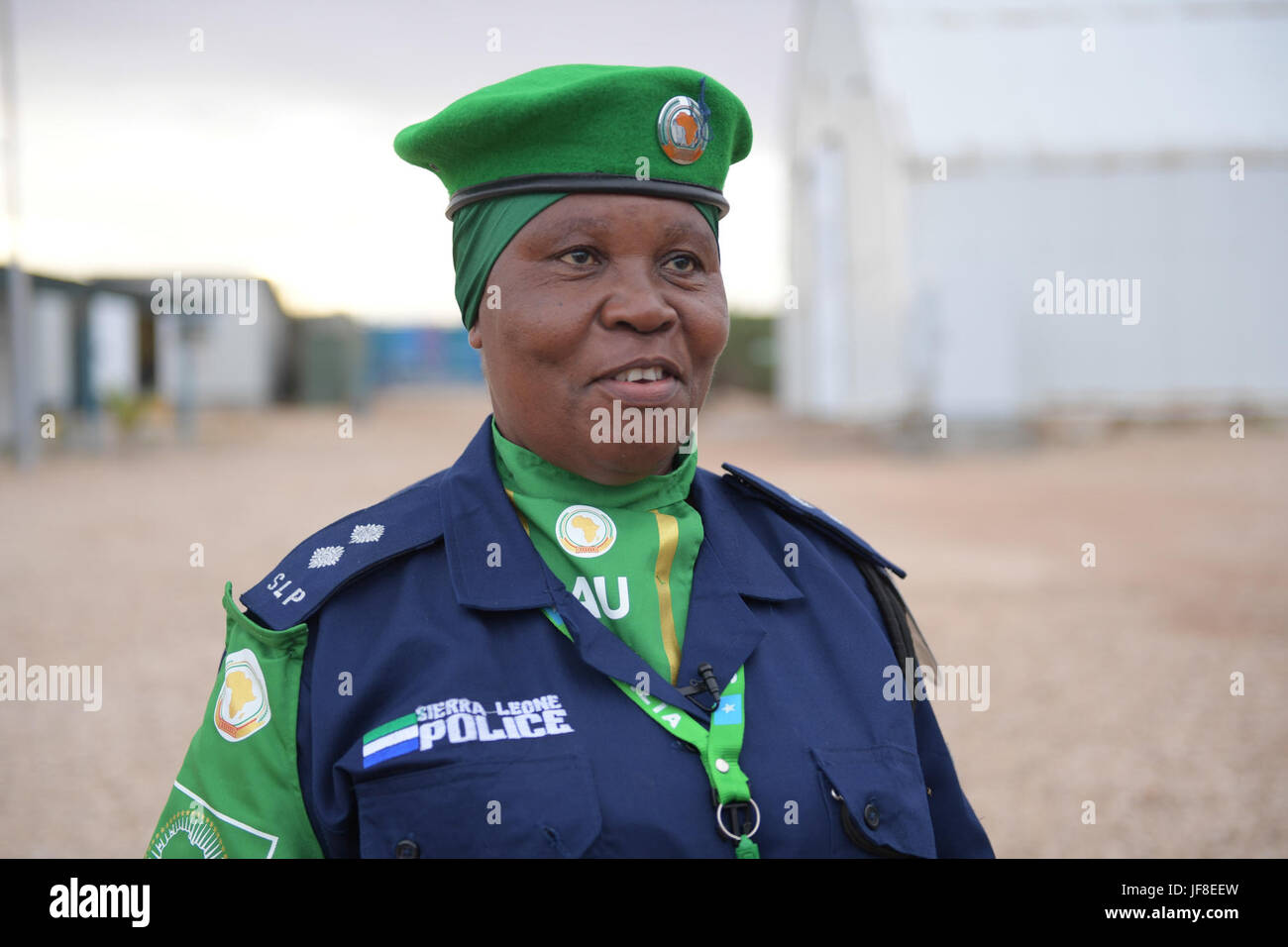 Inspector of Police, Agatha Jorsneh Williams from Sierra Leone speaking to journalists after the completion of the eight-day Individual Police Officers induction training in Mogadishu, Somalia on 18th May 2017. AMISOM Photo/Atulinda Allan Stock Photo