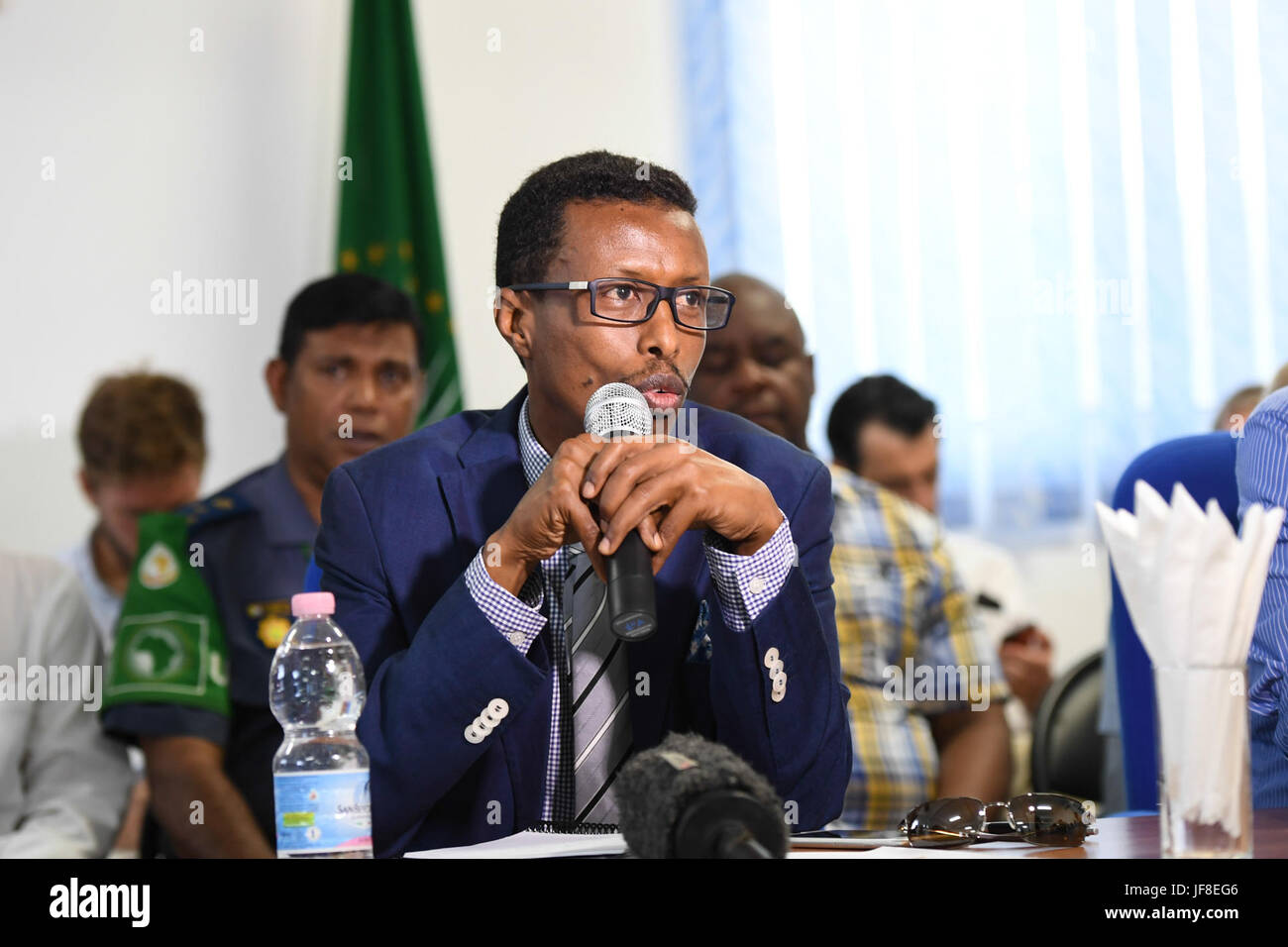 Hussein Moalim Mohamud Sheikh Ali, the National Security Advisor to the President of the Federal Government of Somalia Mohamed Abdullahi Farmaajo, speaks during a meeting of the African Union-United Nations, Federal Government of Somalia joint assessment mission in Mogadishu, Somalia on May 21, 2017. AMISOM Photo / Omar Abdisalan Stock Photo