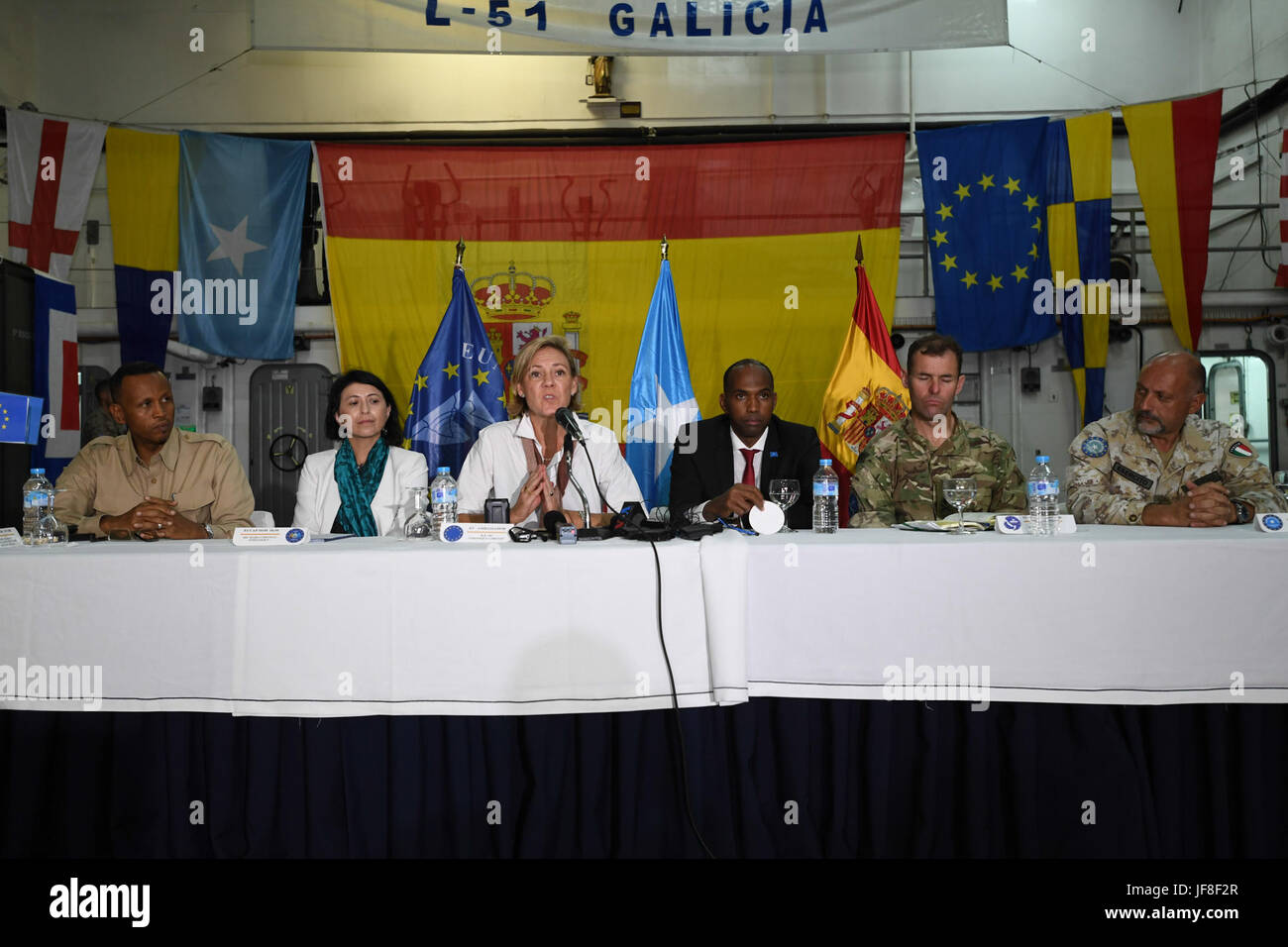 Veronique Lorenzo, the European Union (EU) Ambassador to Somalia, (third from left) addresses journalists during a press conference aboard the EU Naval Force flagship ESPS Galicia, off the coast of Somalia on May 8, 2017. The EU Naval Force is engaged in counter-piracy operations in the Indian Ocean. AMISOM photo / Omar Abdisalan Stock Photo