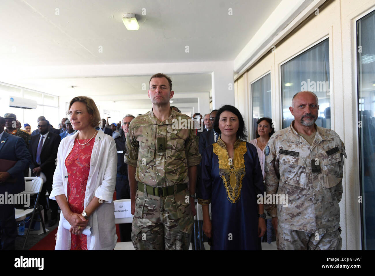 Veronique Lorenzo, the European Union (EU) Ambassador to Somalia (left), other officials and guests attend a ceremony to mark the Europe Day in Mogadishu on May 09, 2017. AMISOM Photo / Omar Abdisalan Stock Photo