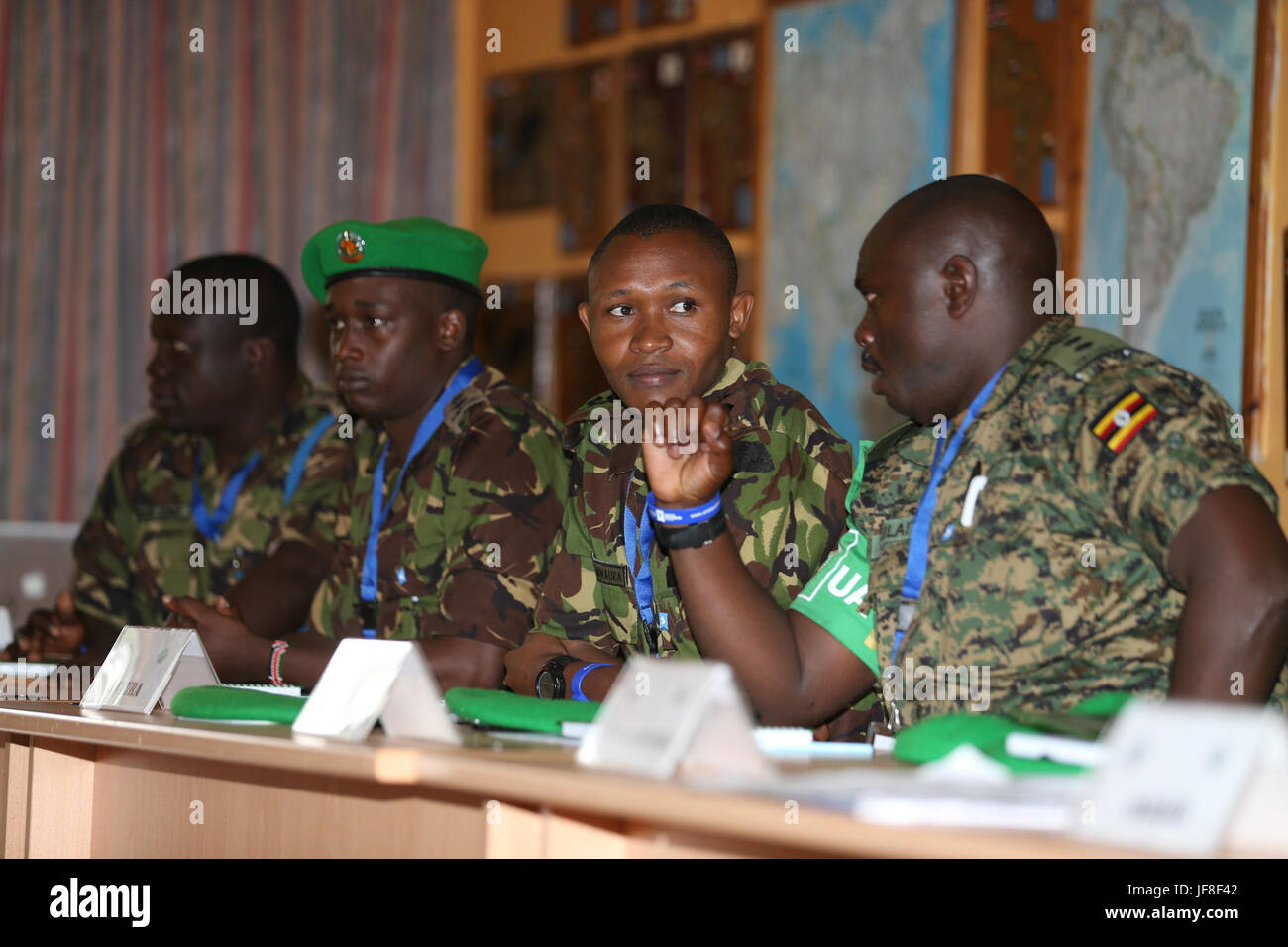 Participants attend the closing ceremony of the AMISOM Training of Trainers course on the prevention of the recruitment and use of children as weapons of war, for security sector actors at the International Peace and Security Training Centre, Nairobi, Kenya on May 19, 2017. AMISOM Photo Stock Photo