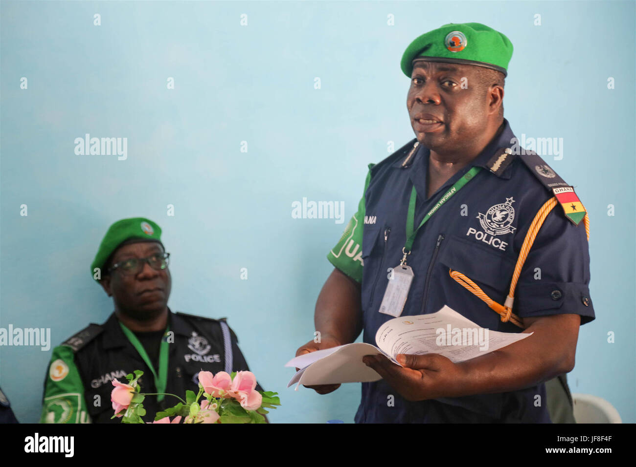The African Union Mission in Somalia (AMISOM) Police Training Coordinator, Assistant Commissioner of Police (ACP) Francis Ayitey Aryee, speaks at a ceremony to officially hand over the newly renovated police station to Jubbaland Administration on May 8, 2017. AMISOM Photo Stock Photo