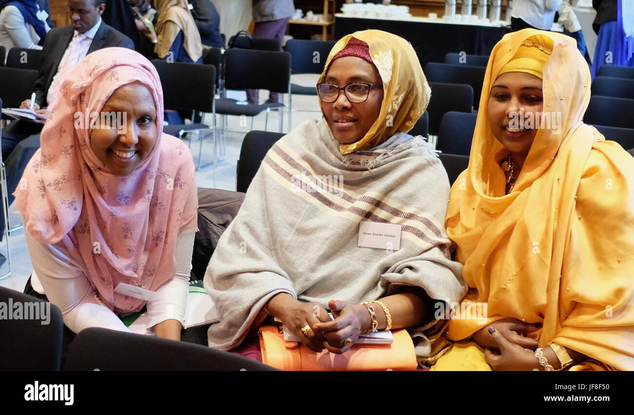 Members of Somali community living in London attend a dialogue with Ambassador Francisco Madeira, the Special Representative of the Chairperson of the African Union Commission (SRCC) for Somalia on May 12, 2017. AMISOM Photo Stock Photo
