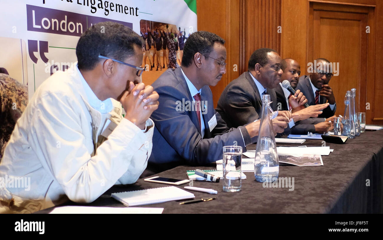 Ambassador Francisco Madeira, the Special Representative of the Chairperson of the African Union Commission (SRCC) for Somalia (middle) addresses members of Somali community living in London during a dialogue on May 12, 2017. AMISOM Photo Stock Photo