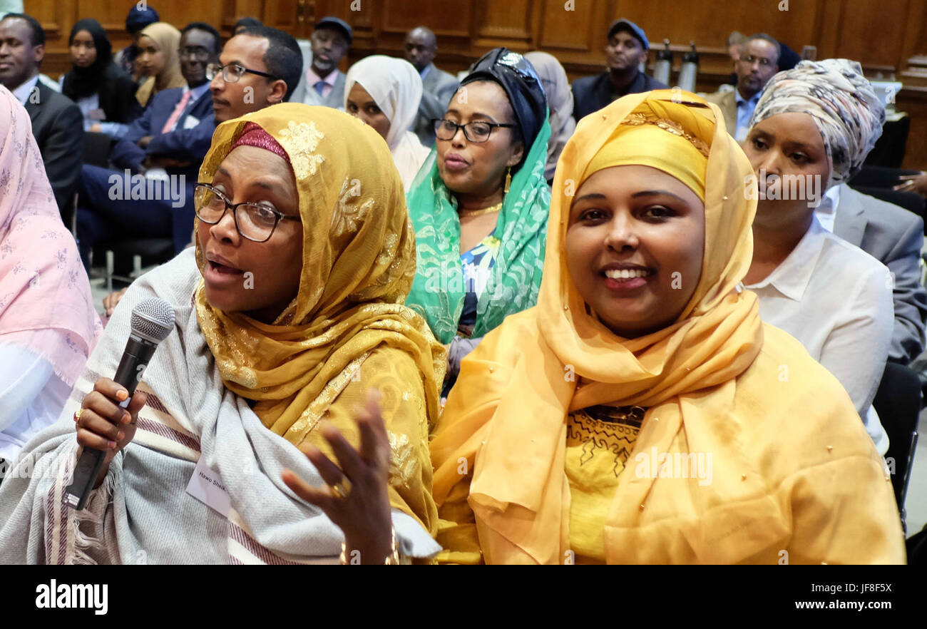 Members of Somali community living in London attend a dialogue with Ambassador Francisco Madeira, the Special Representative of the Chairperson of the African Union Commission (SRCC) for Somalia on May 12, 2017. AMISOM Photo Stock Photo