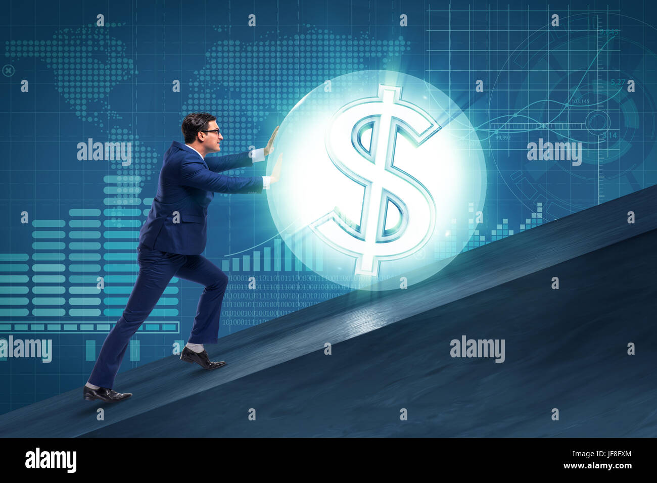 Businessman pushing away dollar ball Stock Photo - Alamy